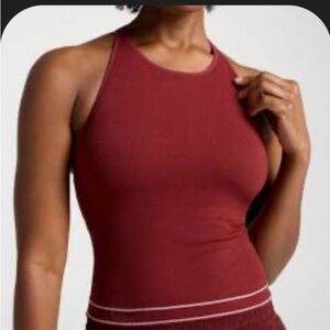 Calia High Neck Seamless Brami  Ribbed Racerback Tank Top in Red Brown